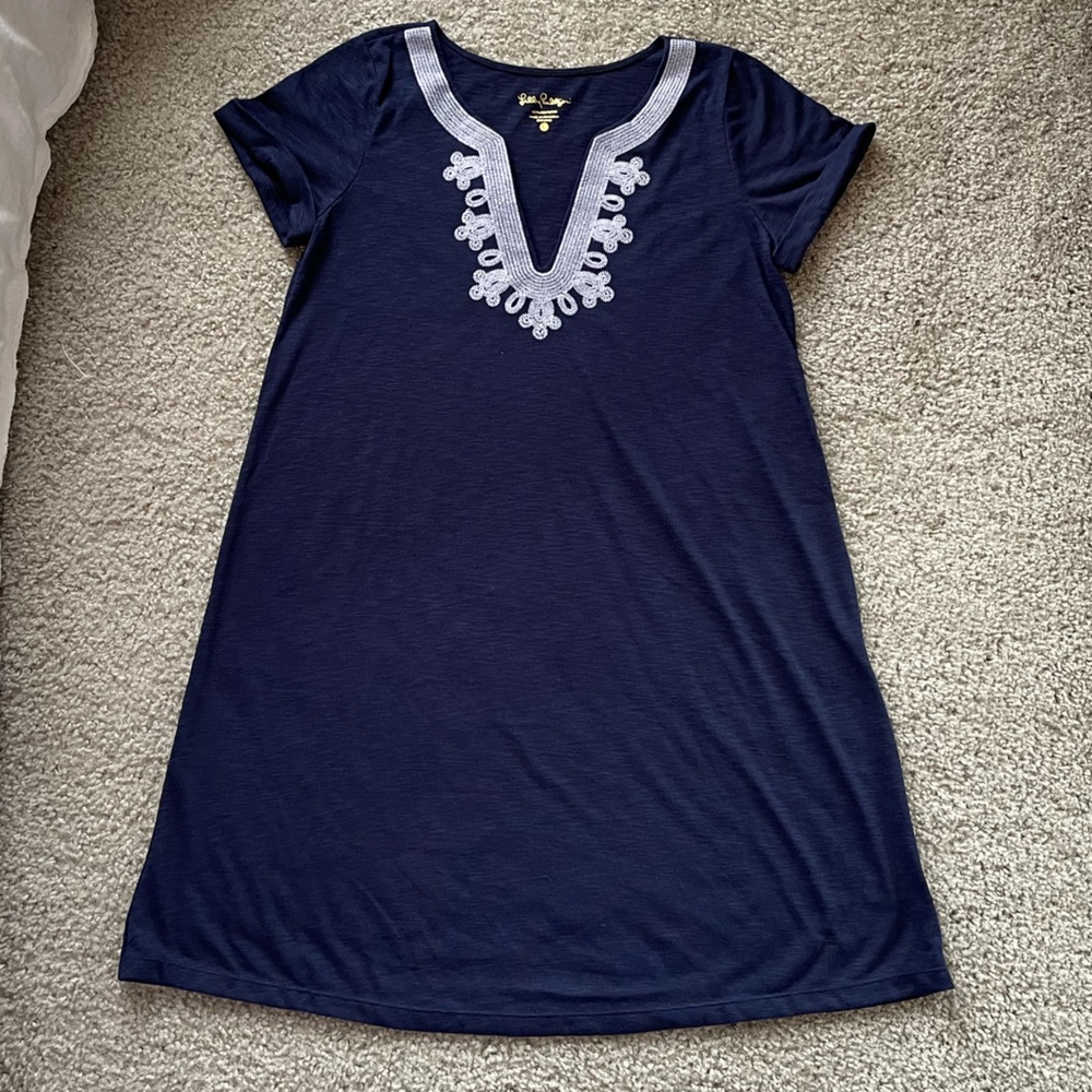 Lilly Pulitzer Maisy Swing T Shirt Dress True Navy with White Embroidery Large